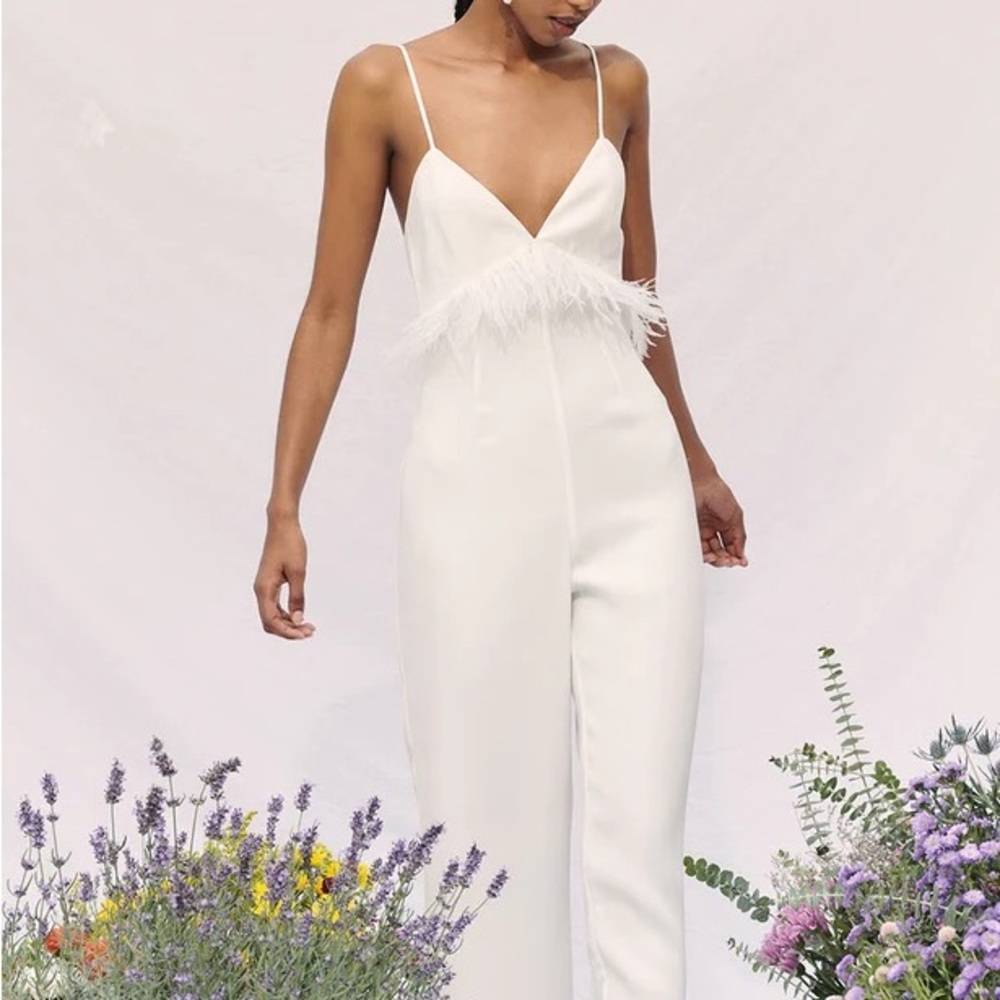Saylor Krysta Feather Trimmed Jumpsuit white size Medium NWT